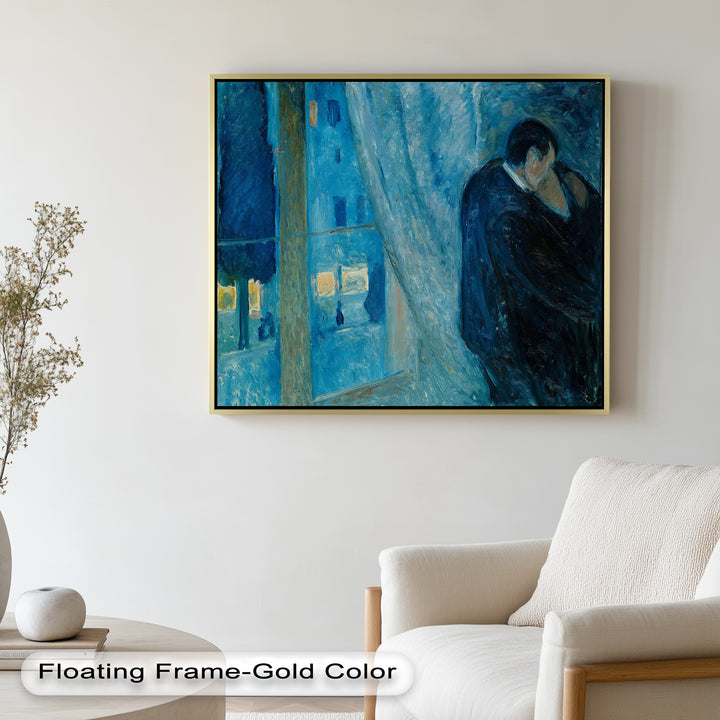 Romantic impression in shades of blue, capturing intimacy and isolation beside a softly illuminated street view.


