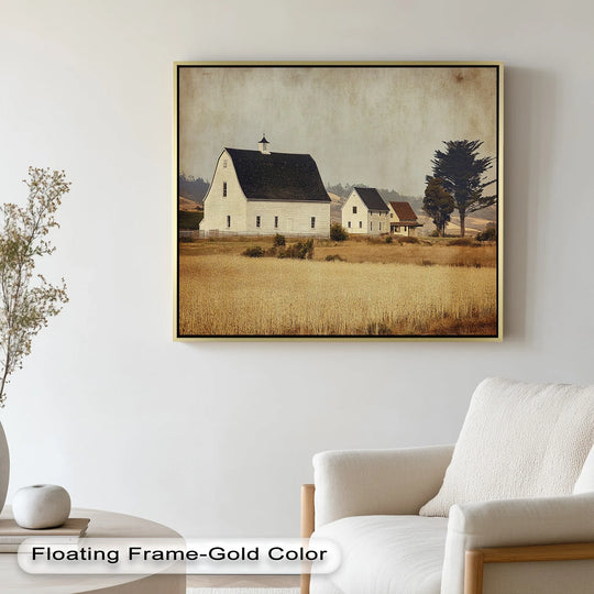 The farmhouse landscape oil painting wall art features a gold floating frame, accentuating the vintage country barn scene within the artwork's borders.