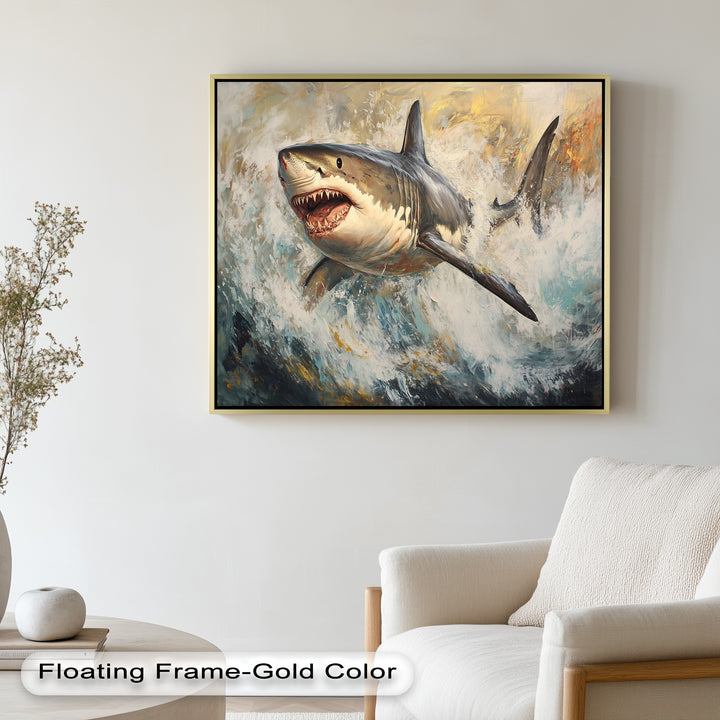 Ferocious Great White Shark Leaping Through Waves - Animal Oil Painting