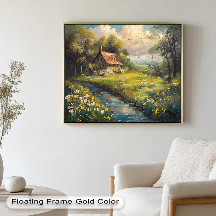 Vintage Frühlingslandschaft – Gerahmtes Ölgemälde
