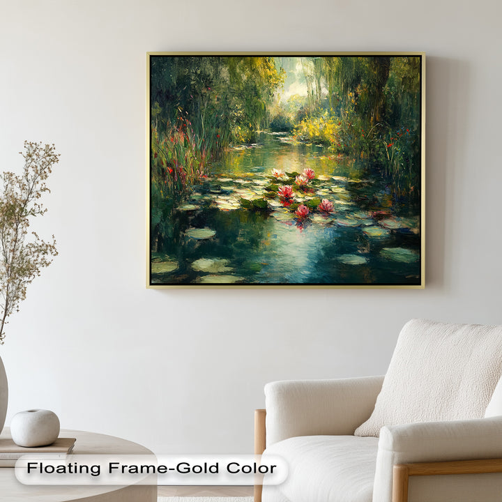 Tranquil Water Lilies in Sunlit Pond – Impressionist Oil Painting
