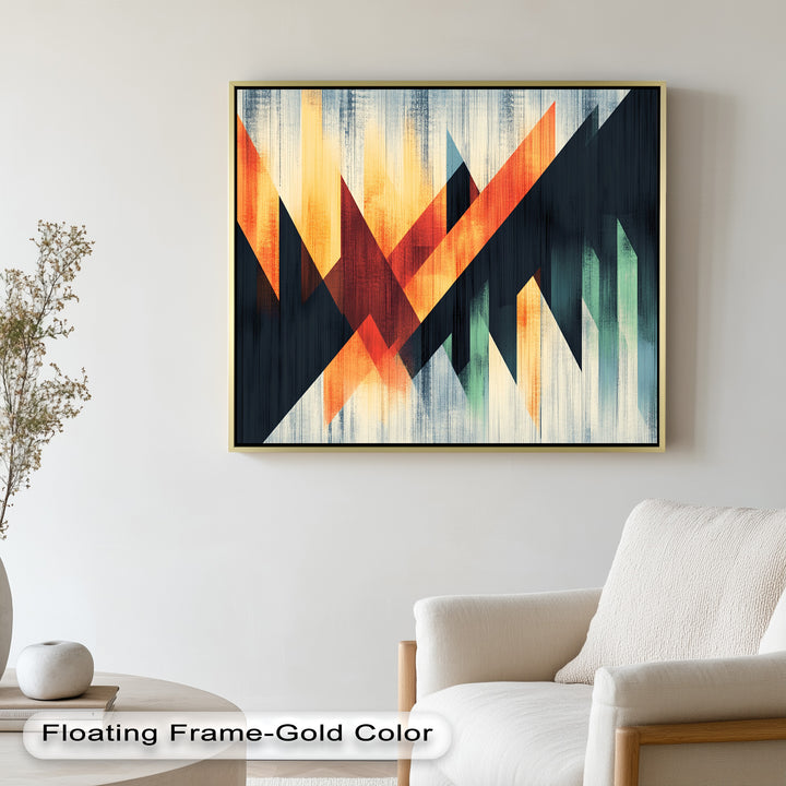 Contemporary geometric artwork with layered forms in sunset-inspired tones.
