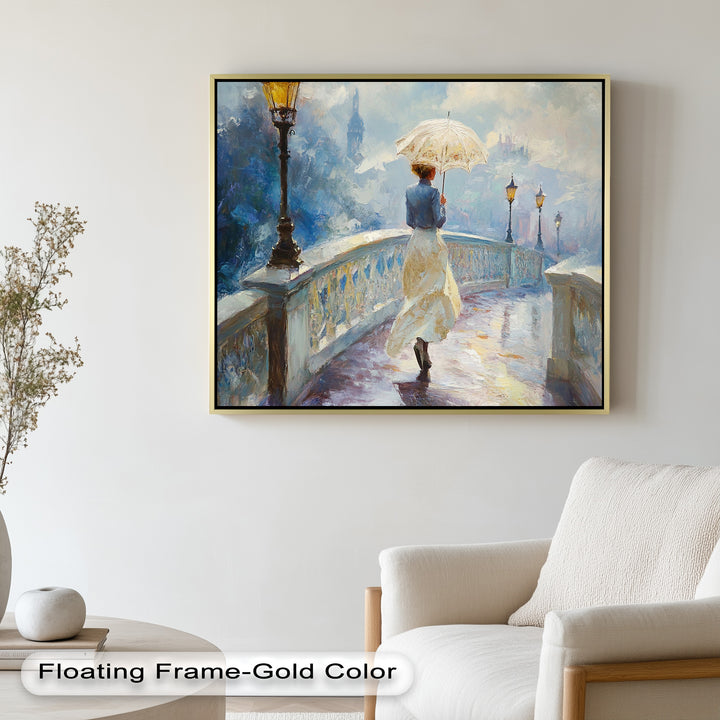 Woman with Umbrella on Cobblestone Bridge – Oil Painting