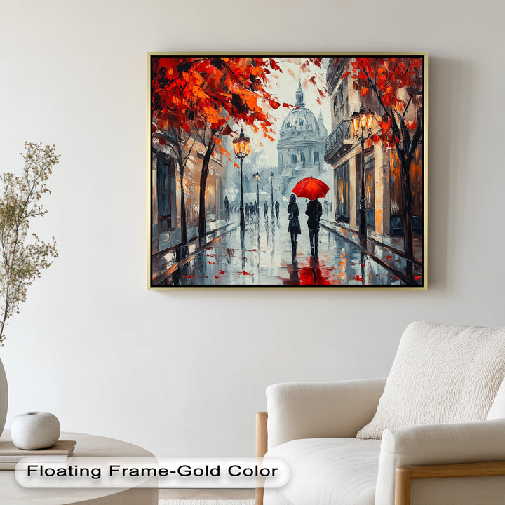 Lovers Walking with Red Umbrella - Love Oil Painting