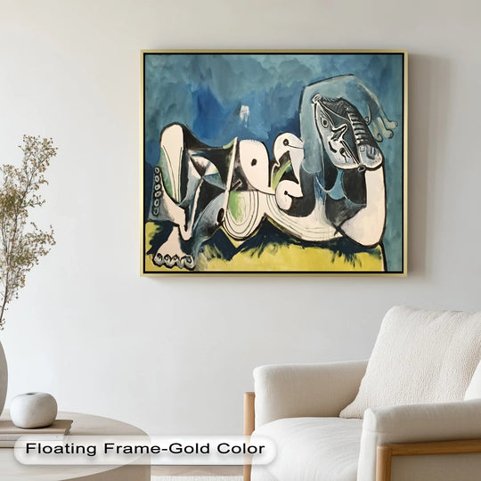 Dramatic transitions between blues, yellows, and whites define this abstract reclining nude, a bold Picasso-style oil painting art prints piece.