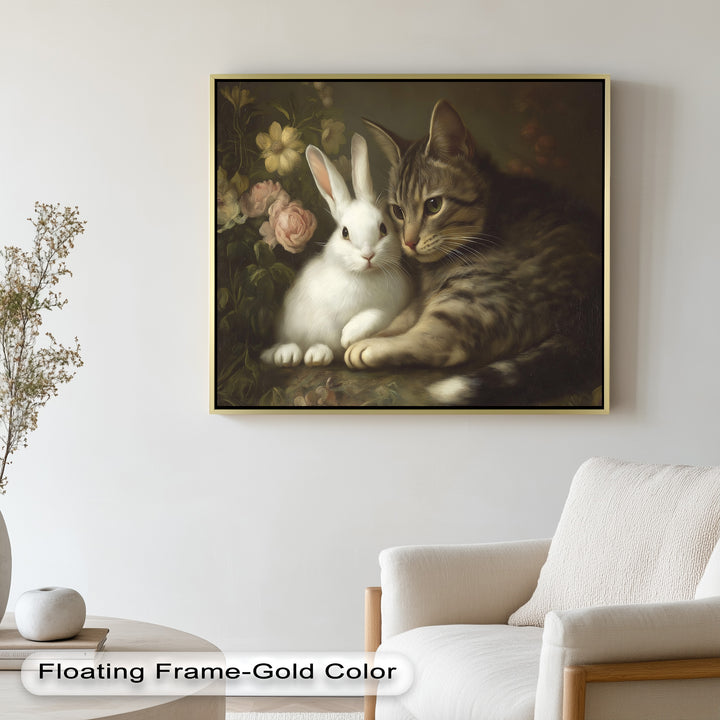 Cat and Rabbit in Floral Harmony - Animal Oil Painting