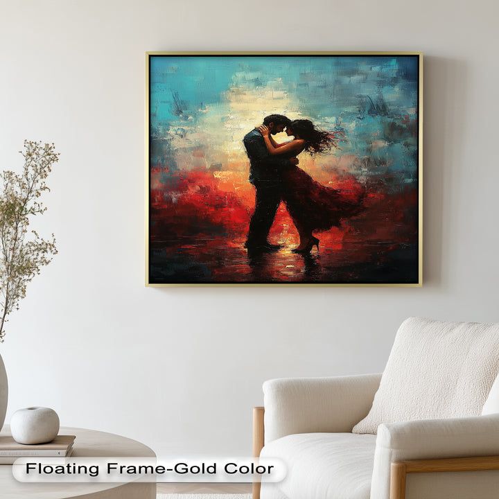 Romantic Couple in Fiery Twilight - Modern Oil Painting