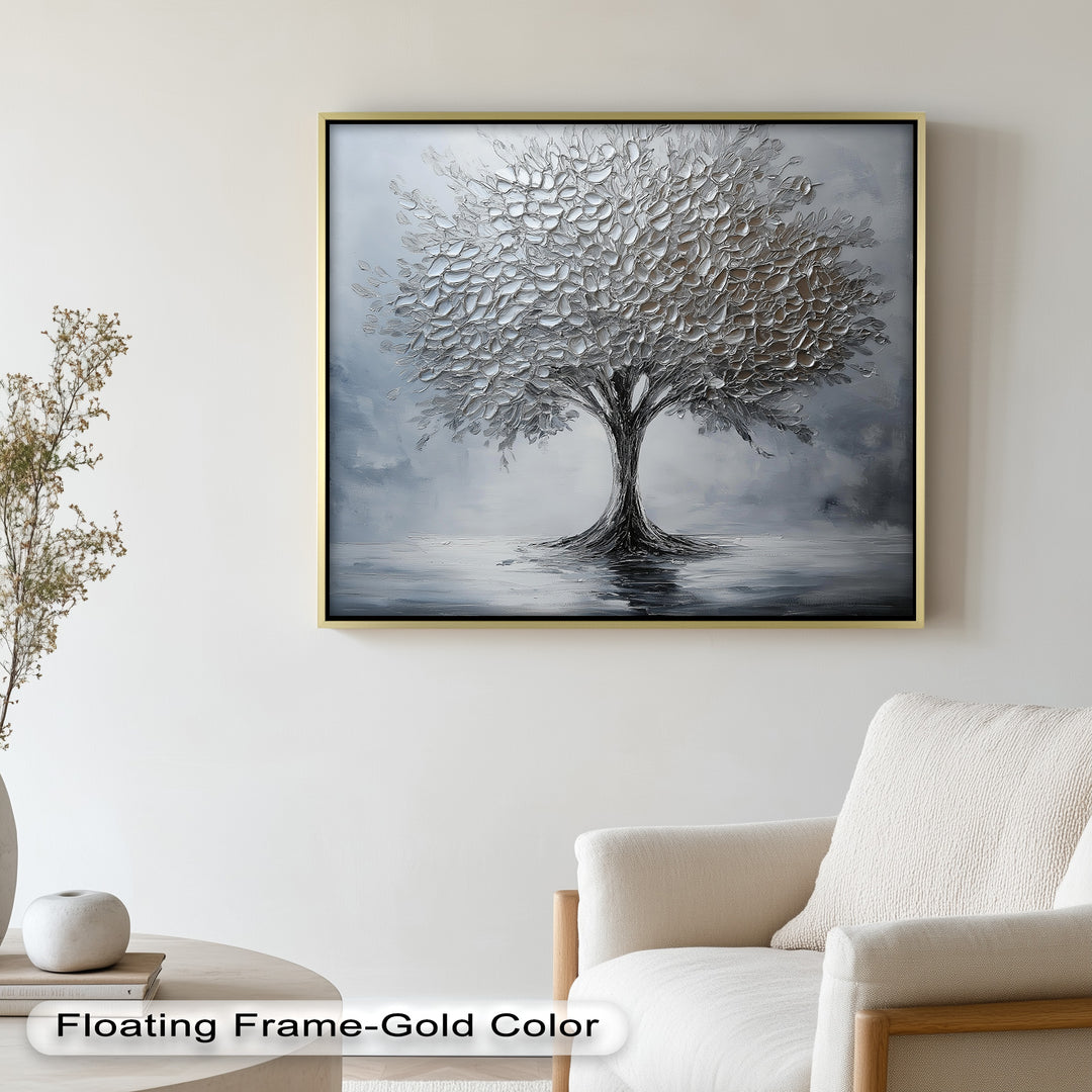 Silver Stillness – Tree in Monochrome Abstract Oil Painting
