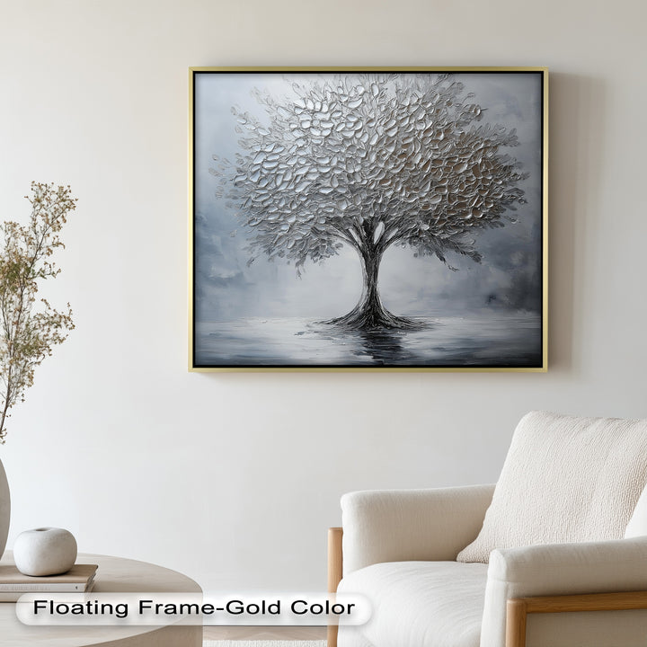 Silver Stillness – Tree in Monochrome Abstract Oil Painting