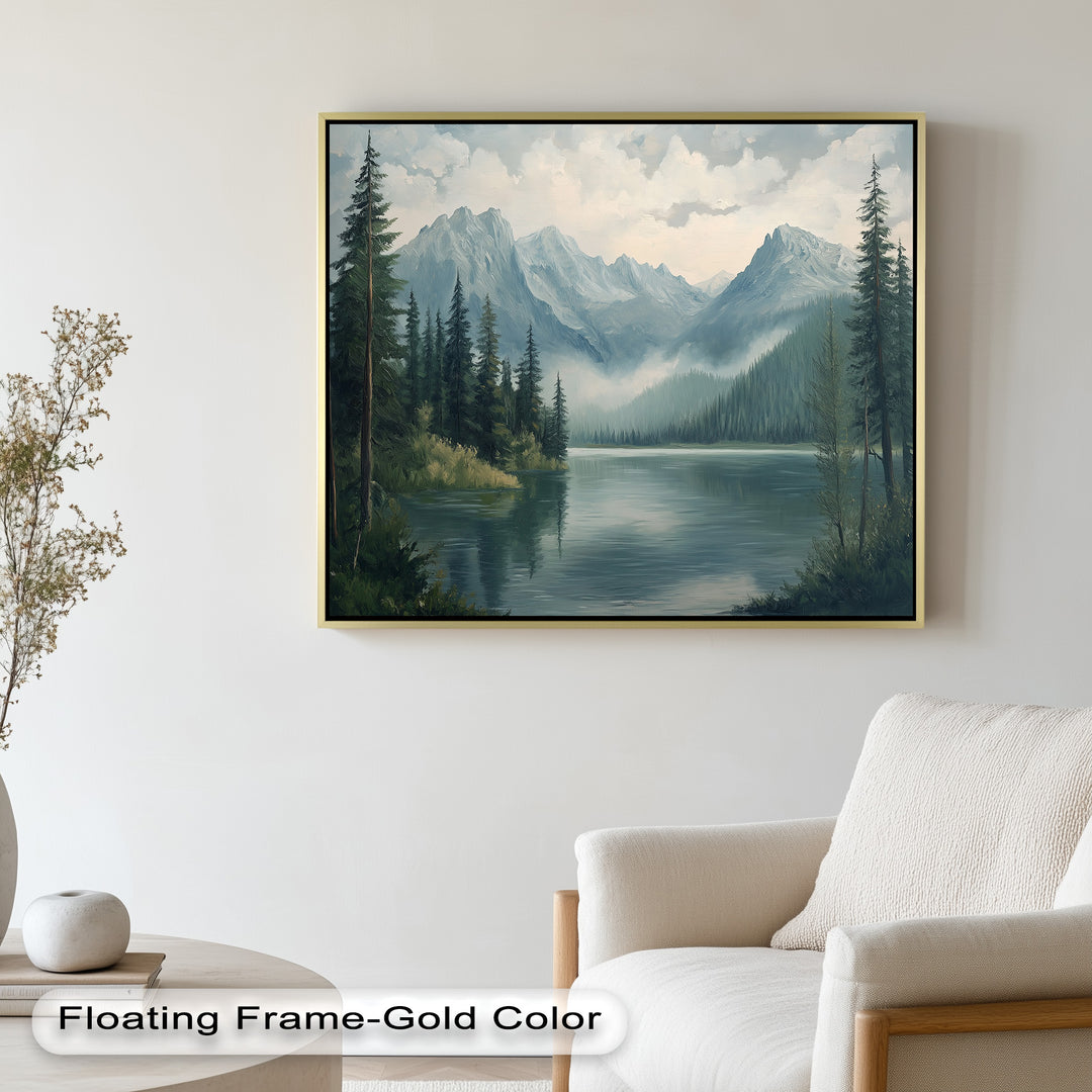 A scenic wilderness view featuring calm waters, towering pine trees, and a dramatic mountain backdrop.

