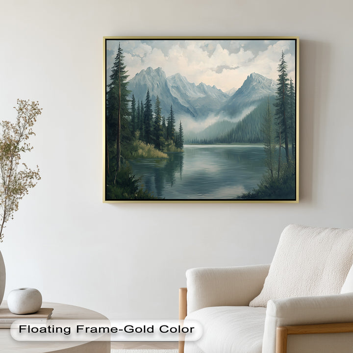 A scenic wilderness view featuring calm waters, towering pine trees, and a dramatic mountain backdrop.

