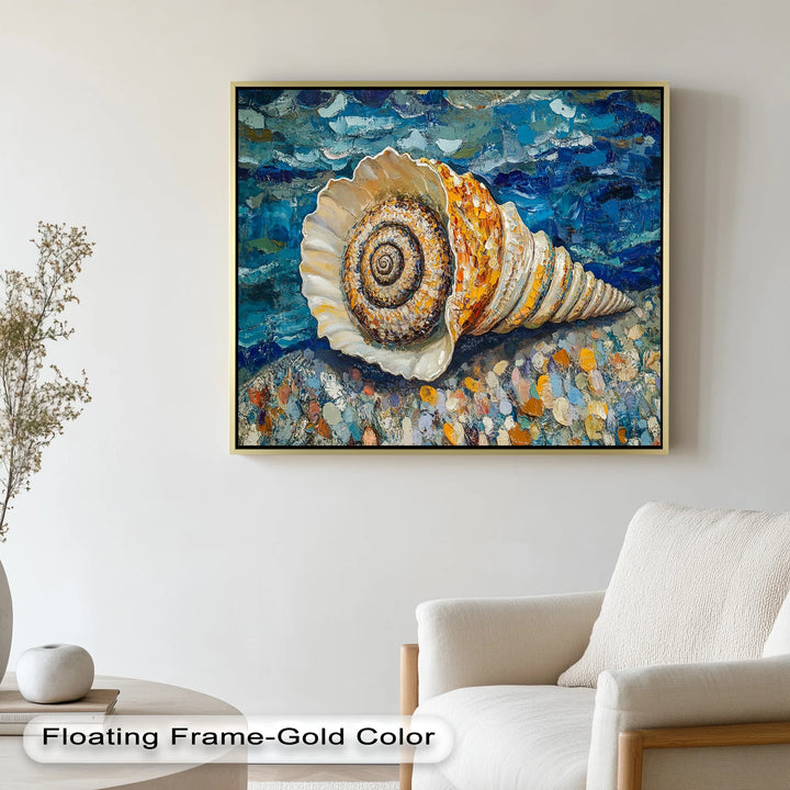 Whispers of the Sea – Spiral Shell on Coastal Shoreline Oil Painting - MyPhotoStation