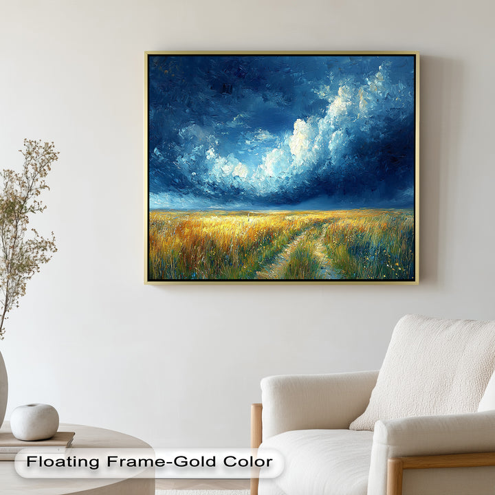 A stunning tribute to nature’s moods, this artwork invites the viewer into a moment suspended between peace and power on the open plains.