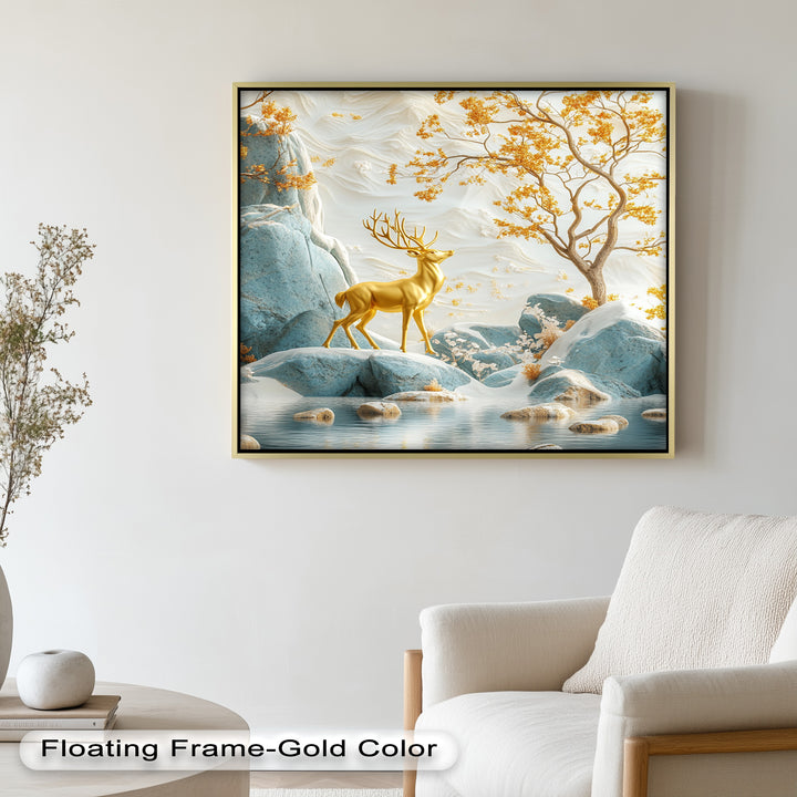 Golden Deer in Snowy Mountain - Animal Oil Painting