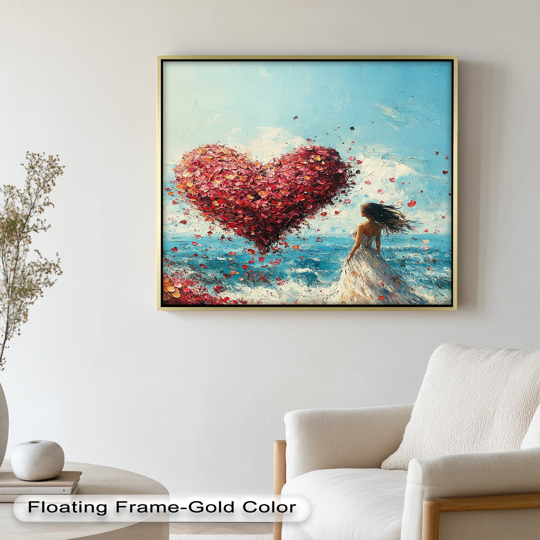 Woman with Heart-Shaped Petals Over the Sea - Love Oil Painting