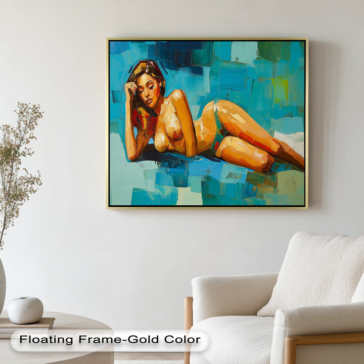 Tropical Repose – Reclining Woman with Ocean Tones Oil Painting