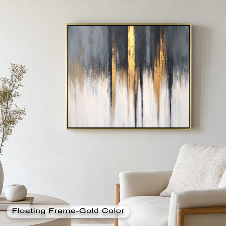 Sophisticated abstract piece blending metallic gold with soft grayscale hues.
