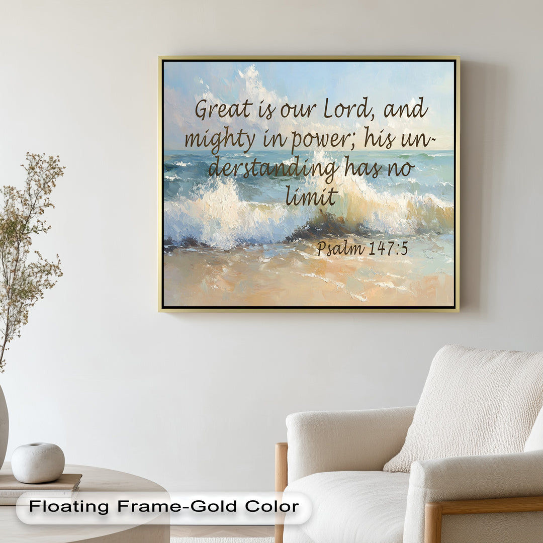 Biblical-themed beach scene with crashing waves symbolizing God's might.
