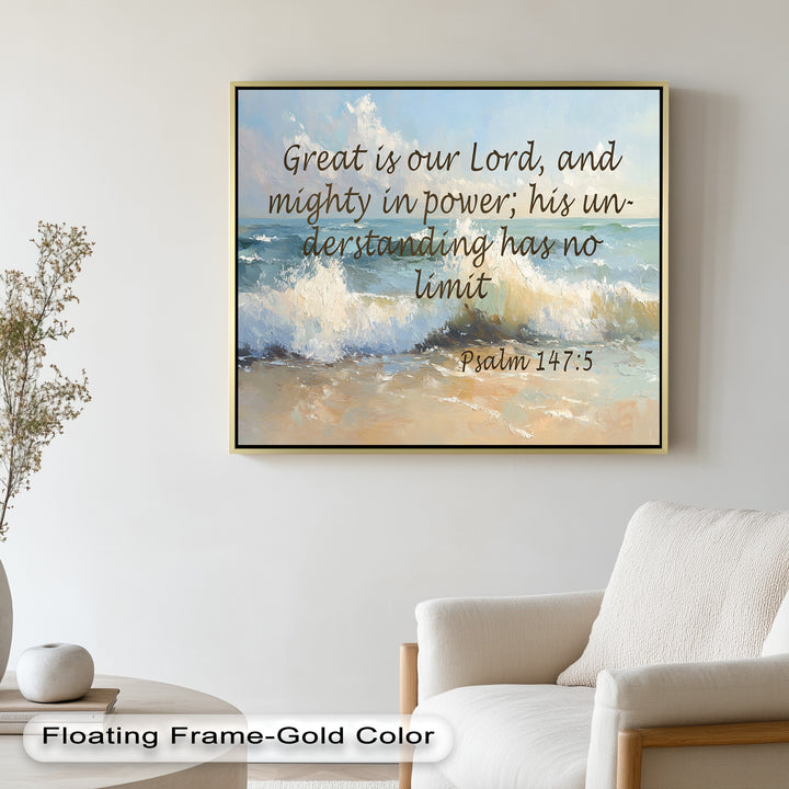 Biblical-themed beach scene with crashing waves symbolizing God's might.
