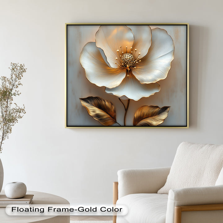 Golden Glow Bloom – White and Gold Flower Oil Painting