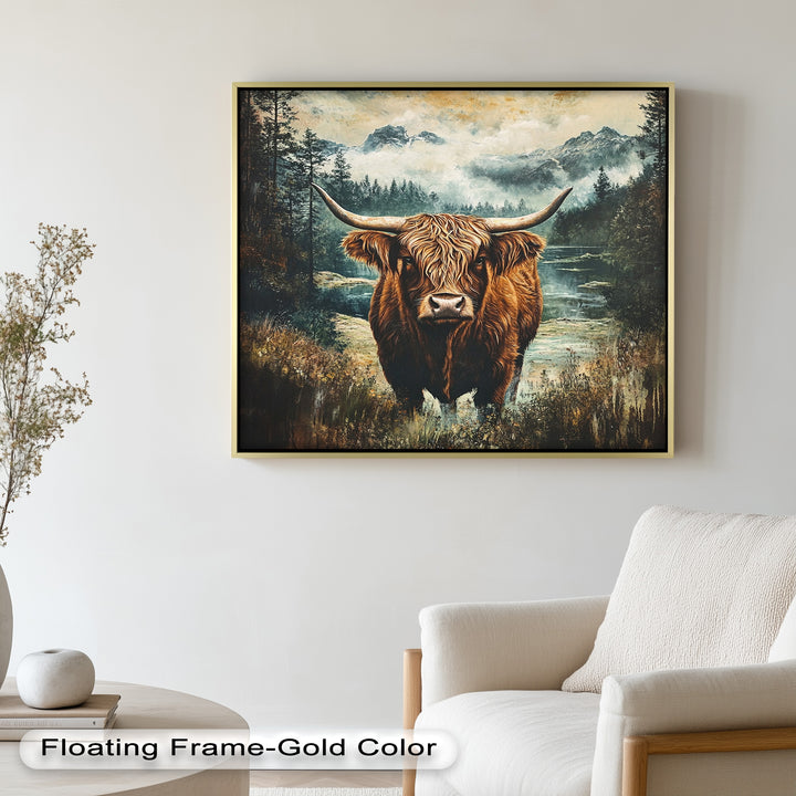 Highland Cow in Misty Pines – Wilderness Oil Painting