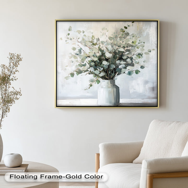 Eucalyptus Essence – Minimalist Greenery in Ceramic Vase Oil Painting
