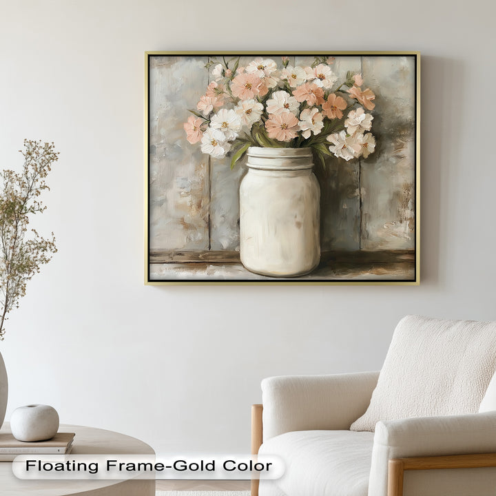 Blush & Cream Blooms – Rustic Mason Jar Flower Oil Painting
