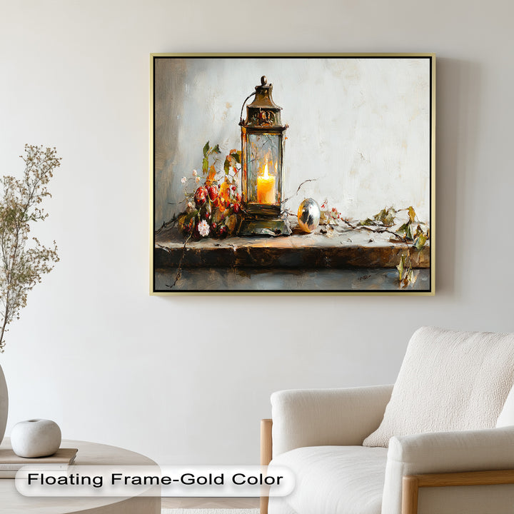 A delicate balance of light and texture, this painting highlights the gentle glow of a candle surrounded by nature-inspired elements and vintage charm.

