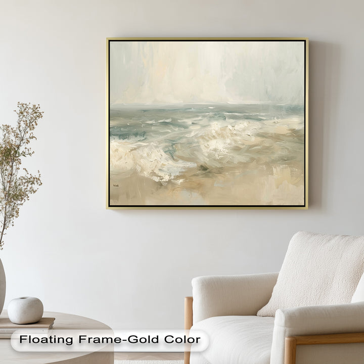 A sophisticated framed beach painting with delicate brushstrokes illustrating the soothing movement of waves meeting the sand, perfect for a coastal-inspired space.