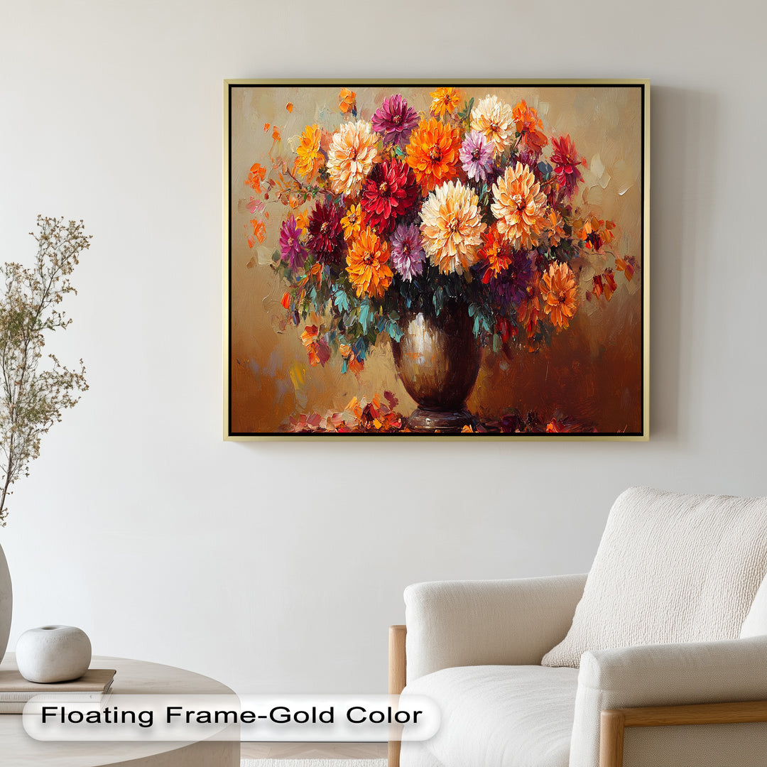 Vibrant dahlia bouquet painting in a bronze vase with warm autumn hues.
