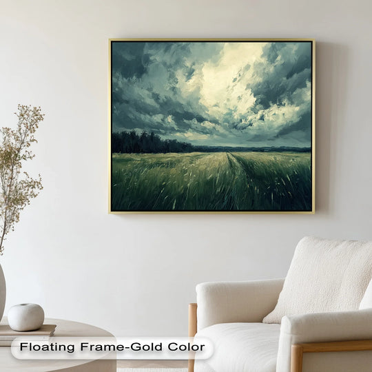Framed with gold, the oil painting decoration showcases a dramatic stormy meadow with windswept fields beneath a tempestuous sky, creating a captivating nature-inspired artwork.