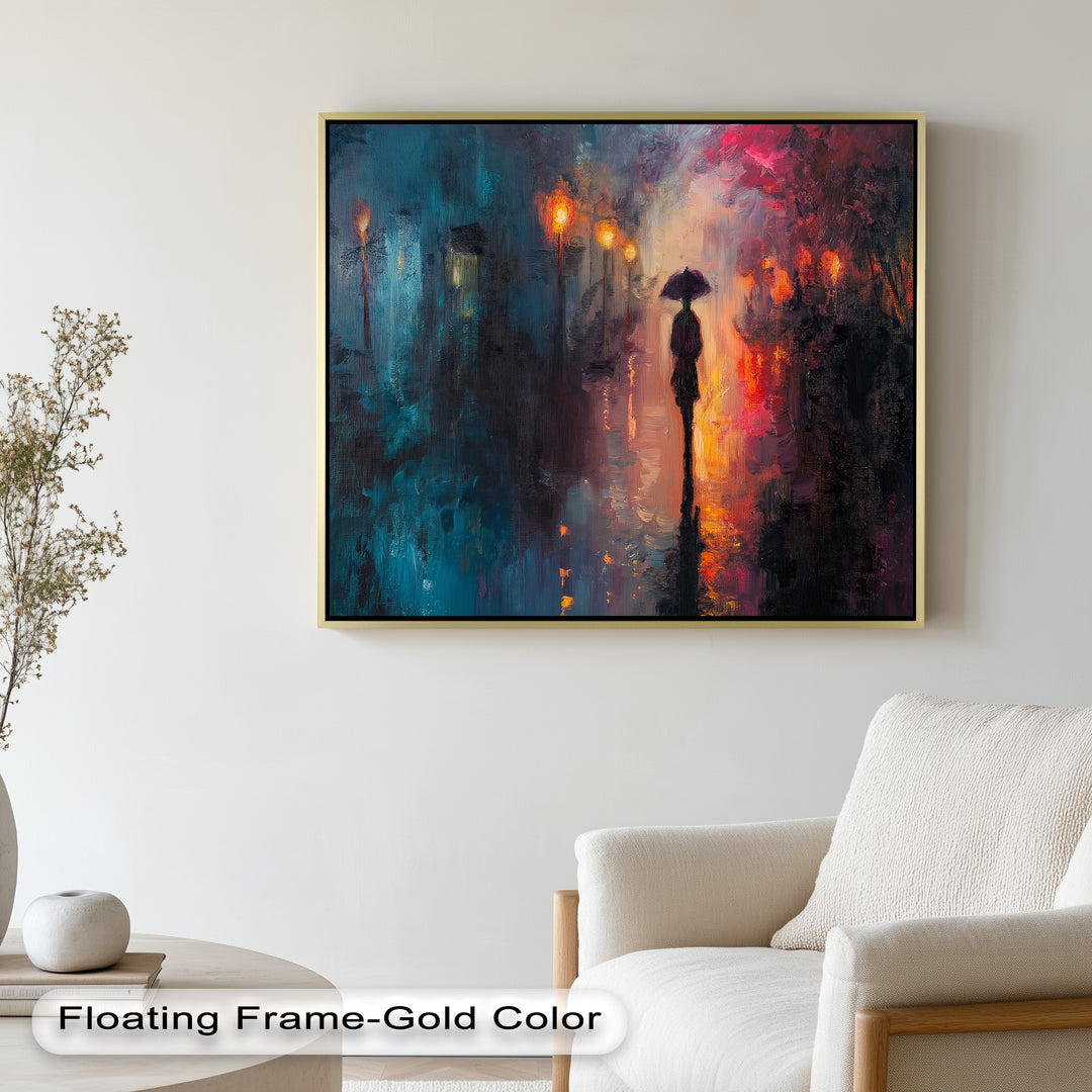 Evening Solitude – Romantic Rainy Stroll Love Oil Painting