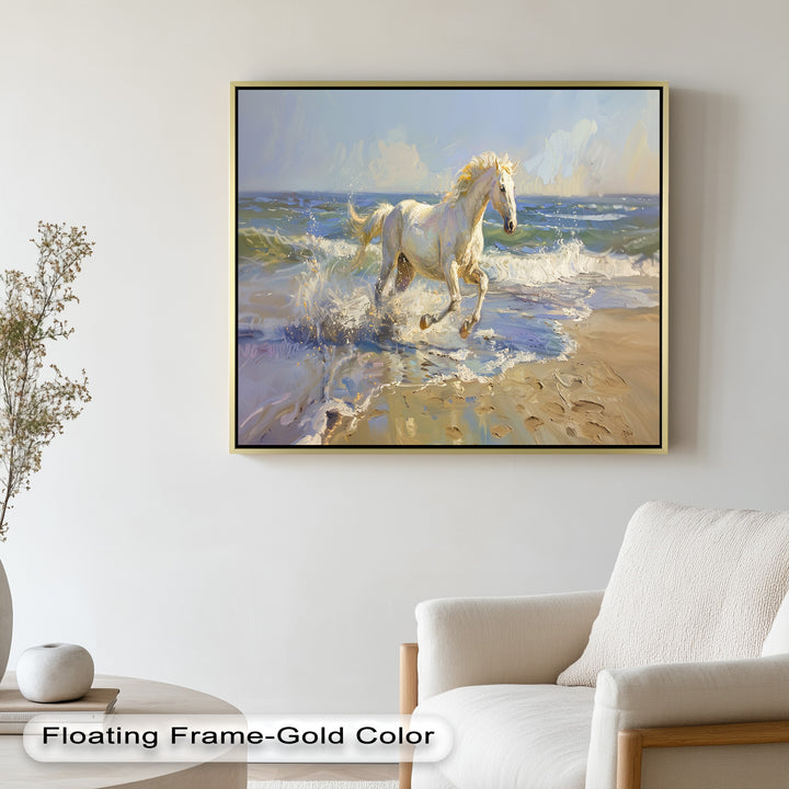 White Horse Galloping on Beach – Dynamic Oil Painting