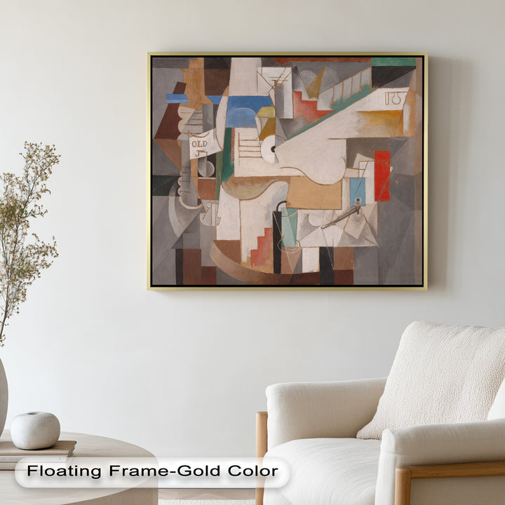 A harmonious arrangement of cubist elements in beige, gray, and red tones, creating a sense of rhythm and architectural depth.