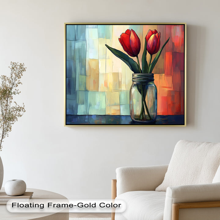 Red and Orange Tulips in Glass Vase – Bold Floral Oil Painting