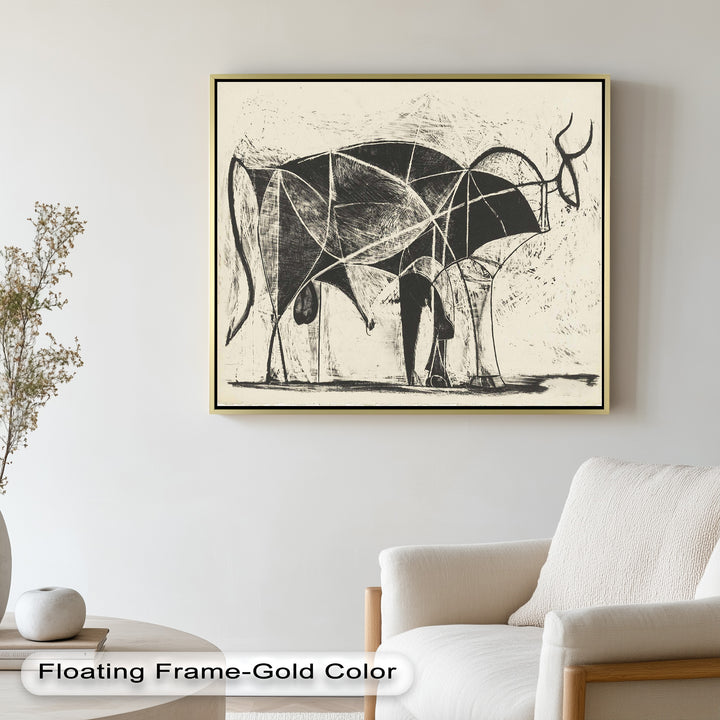 An expressive abstract bull rendered in monochrome, where curves and sharp lines intersect to form a dynamic silhouette.