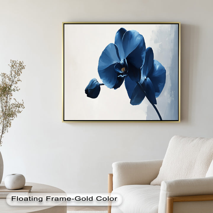 Chic orchid wall art with bold navy tones and minimal backdrop.
