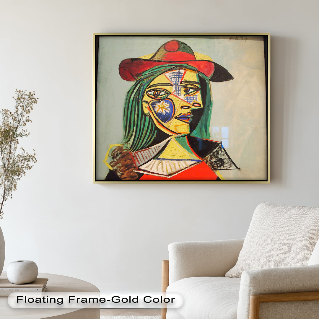 Strahlender Blick – Frau mit rotem Hut, kubistisches Porträt, Picasso-Ölgemälde