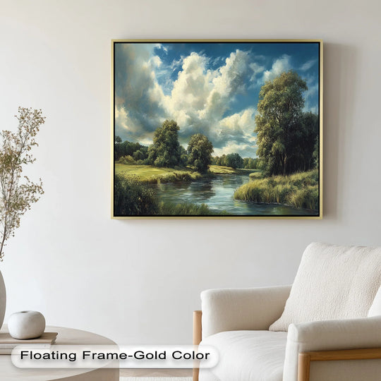 Highlighted by its gold floating frame, the edge presents this river landscape framed oil painting's overall aesthetic as a stunning piece of oil painting wall art.