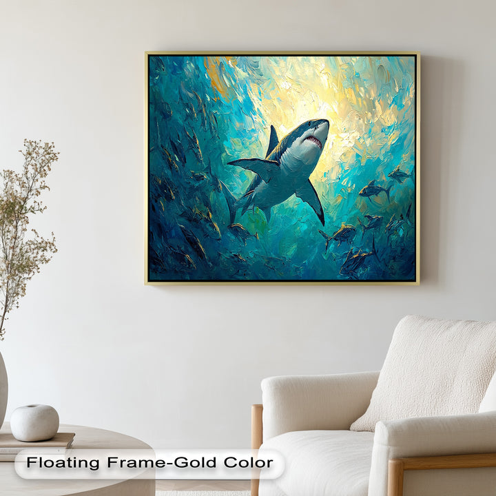 Great White Shark in Sunlit Ocean Depths – Animal Oil Painting
