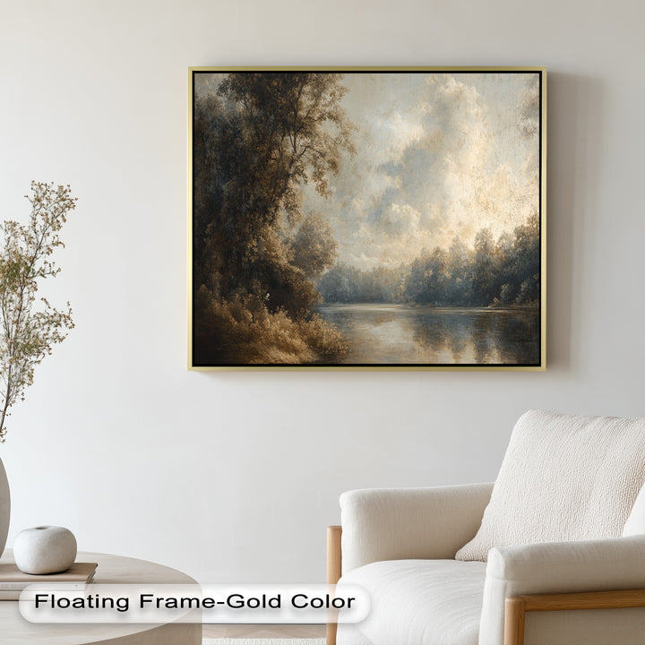 Sun-drenched riverbank artwork with lush trees and soft light.
