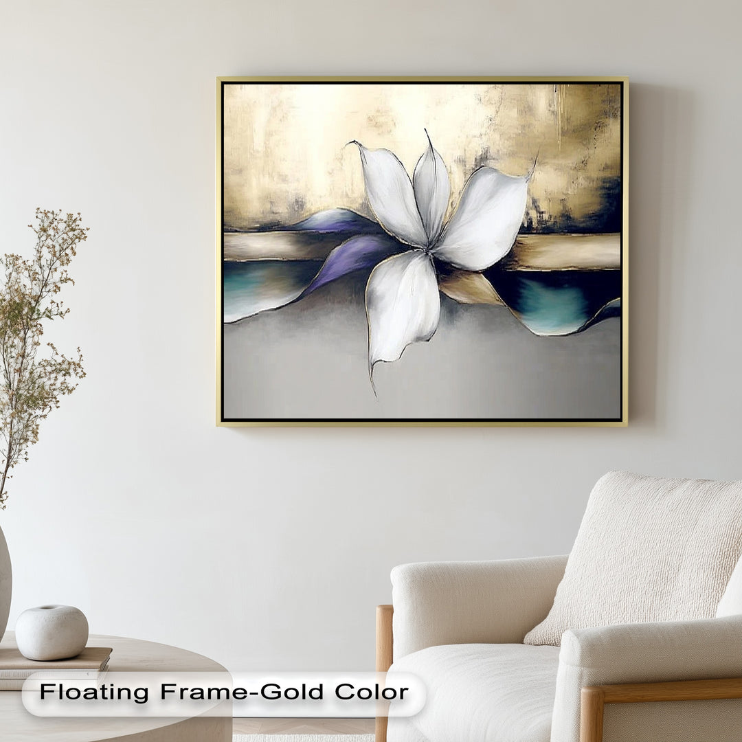 Contemporary floral composition with soft petals and radiant metallic highlights.
