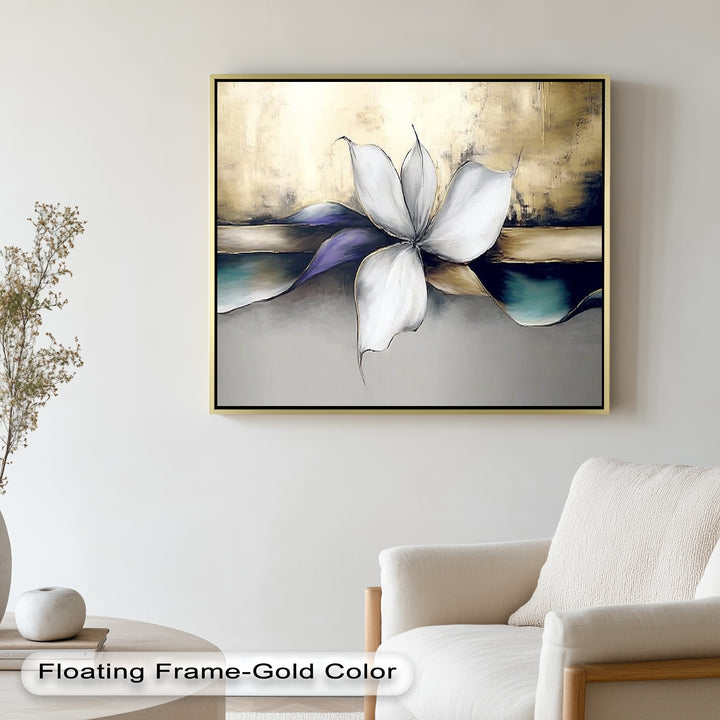 Contemporary floral composition with soft petals and radiant metallic highlights.
