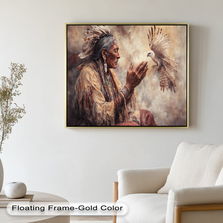 Whisper to the Spirit – Native Elder and Falcon Oil Painting