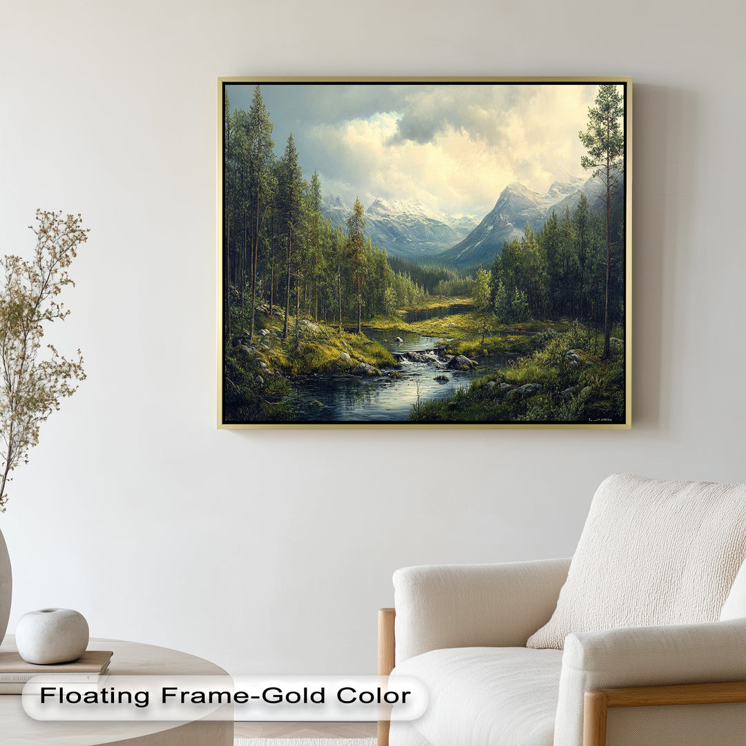 A peaceful forest scene with a gentle river and sunlit greenery, leading the eye toward towering snowy mountains.