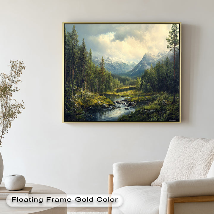 A peaceful forest scene with a gentle river and sunlit greenery, leading the eye toward towering snowy mountains.