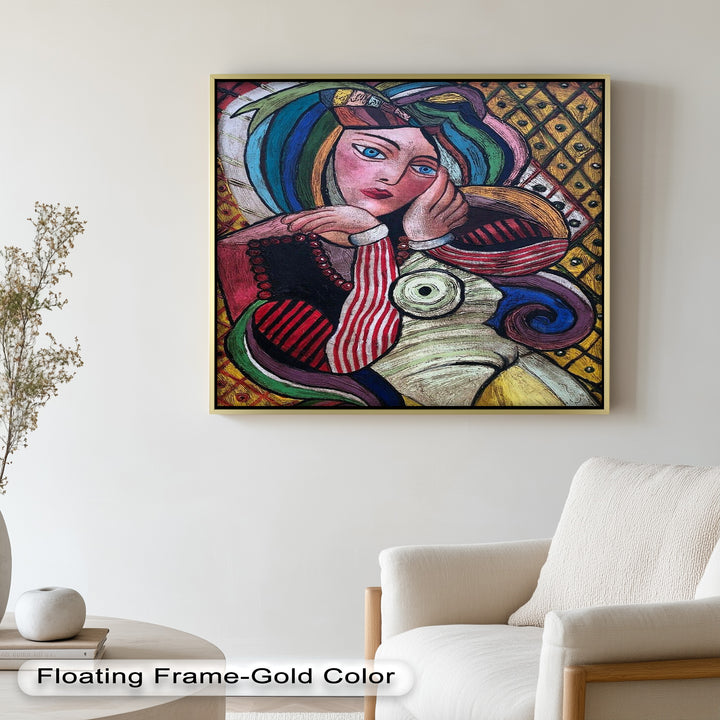 Melancholy in Stripes – Colorful Cubist Woman Portrait Picasso Oil Painting