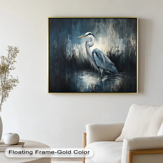 Dark misty tones create a textured background for this oil painting reproduction print of a heron in its marshland habitat.