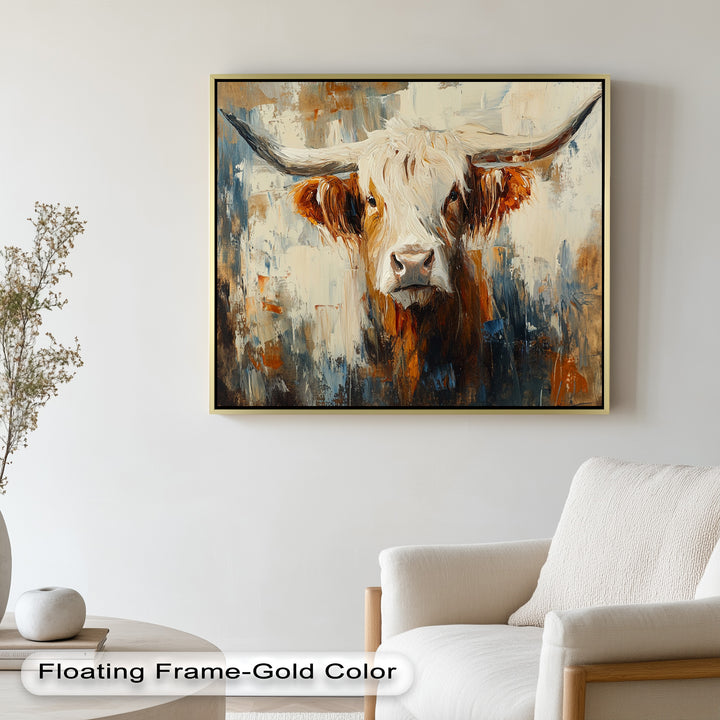 Highland Cow with White Horns – Animal Oil Painting