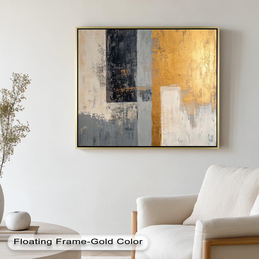 Abstract gold and black painting with textured metallic detail and neutral tones.
